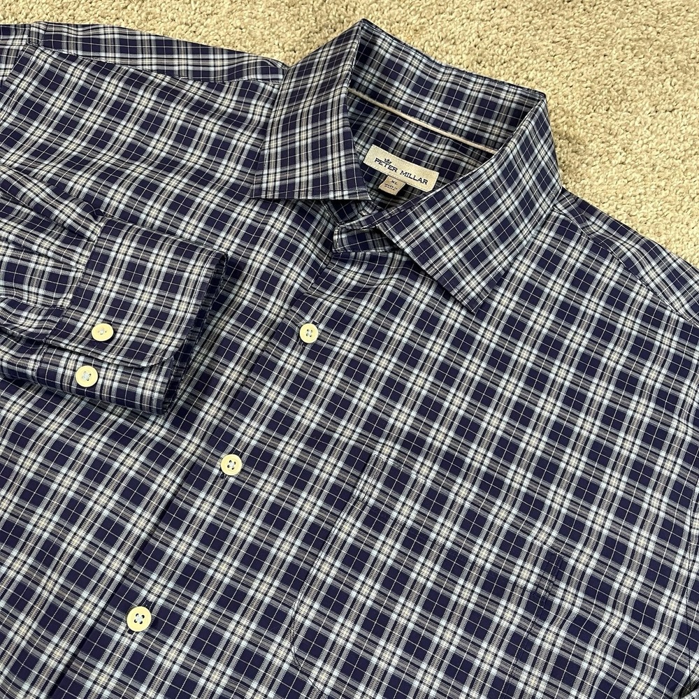 Peter Millar Dress Shirt L Plaid Blue Button Front Soft‎ Cotton Classic Casual